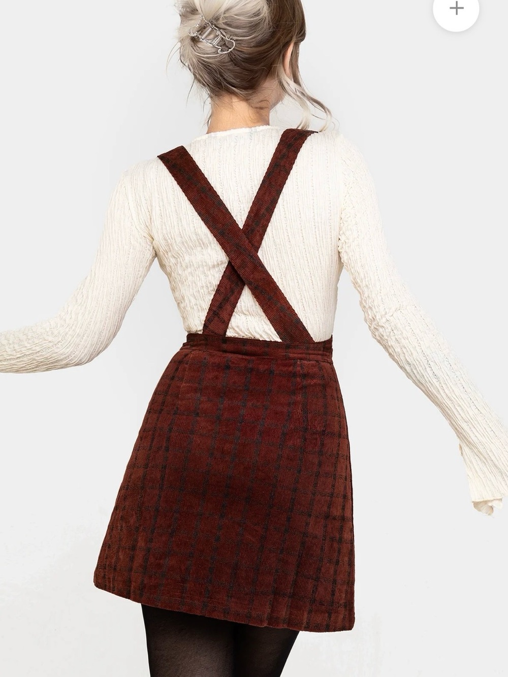 Disturbia Terracotta Check Cord Mini Pinafore Skirt - Picture 3 of 10